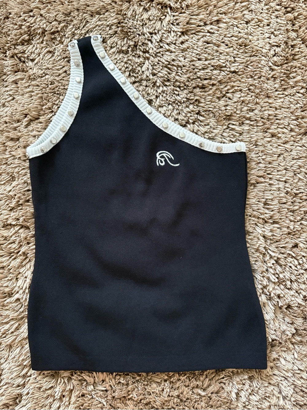 Black One-Shoulder Knit Tank with Ivory Trim